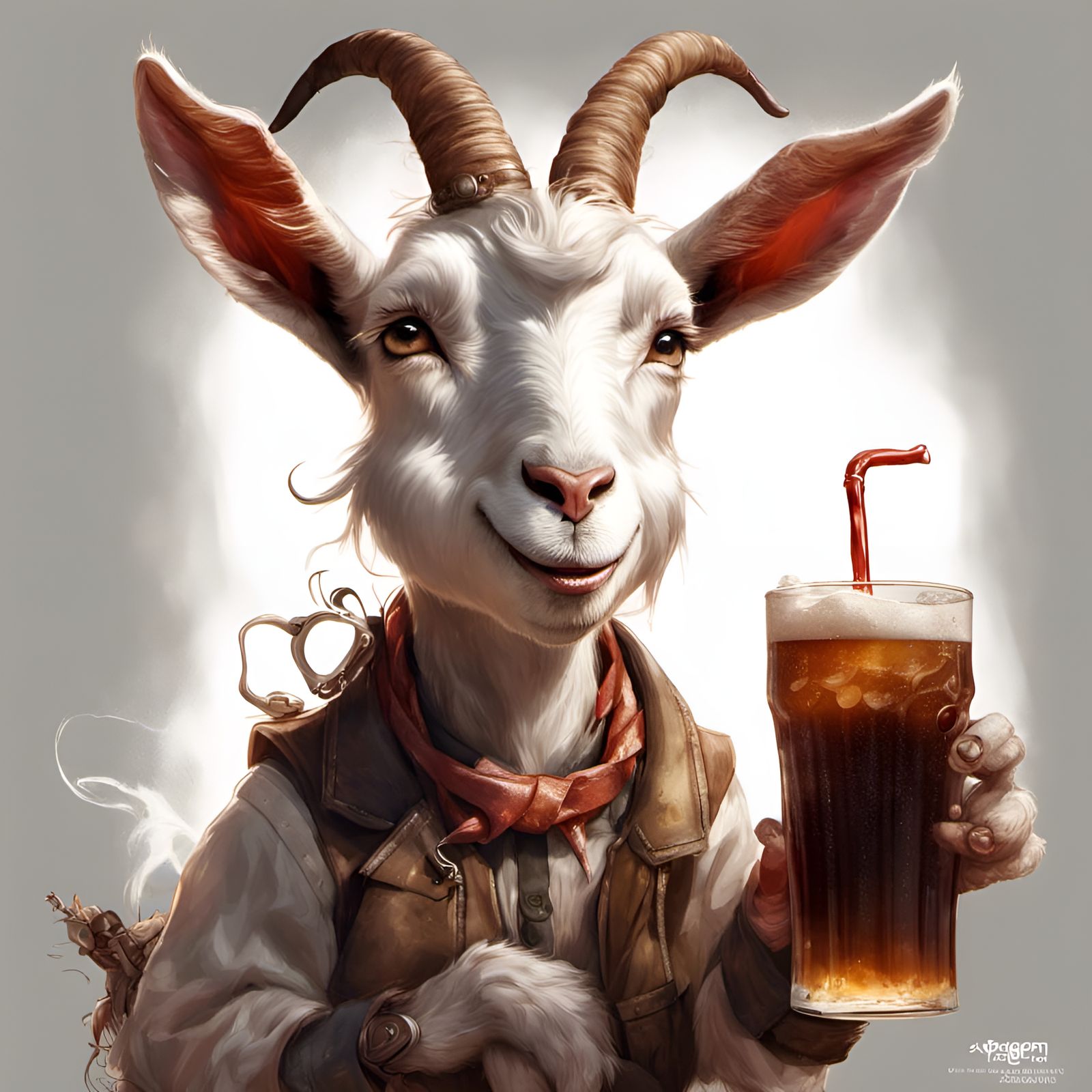 Goat Portrait Drinking Root Beer, Digital Art