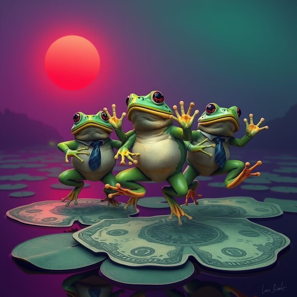 Toads in Suits Leap on Green and Purple Dollar Pads under a ...