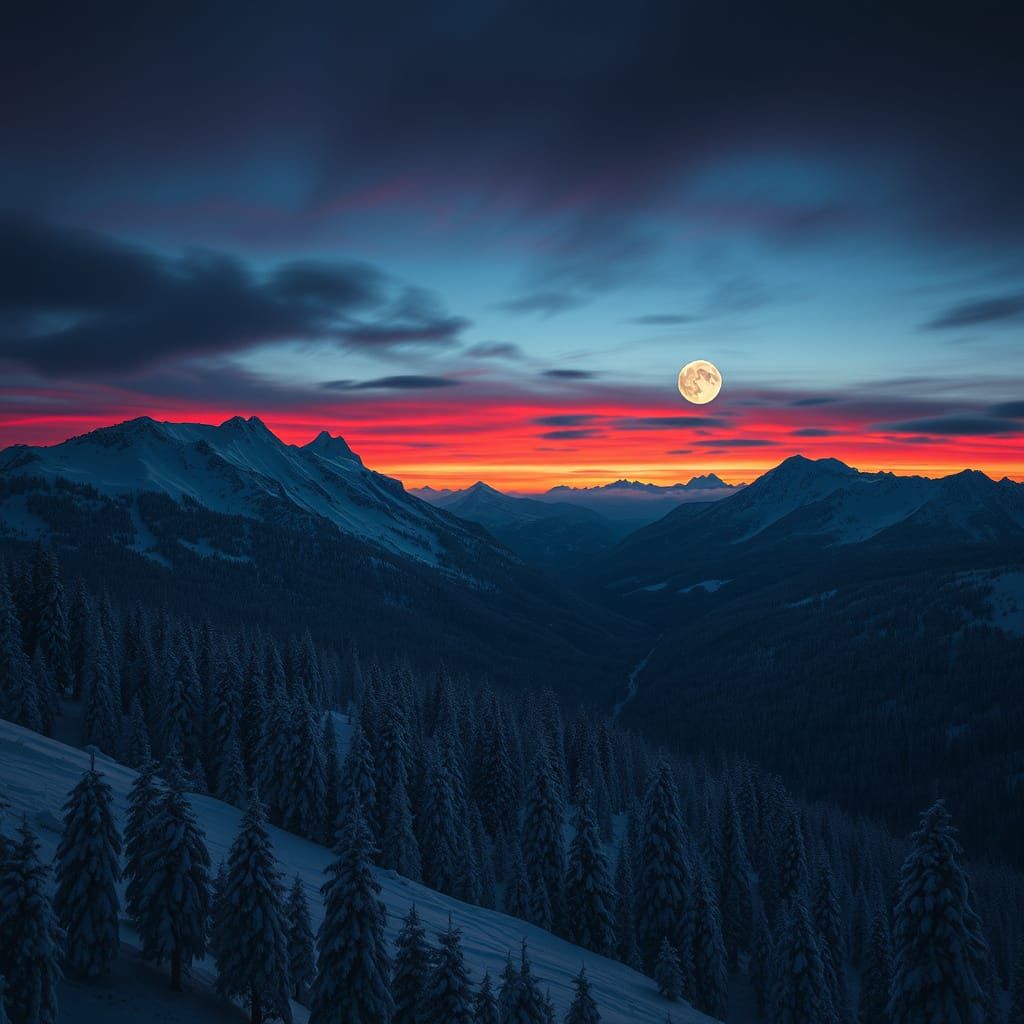 Snowy Mountains at Dusk in Atmospheric Lighting