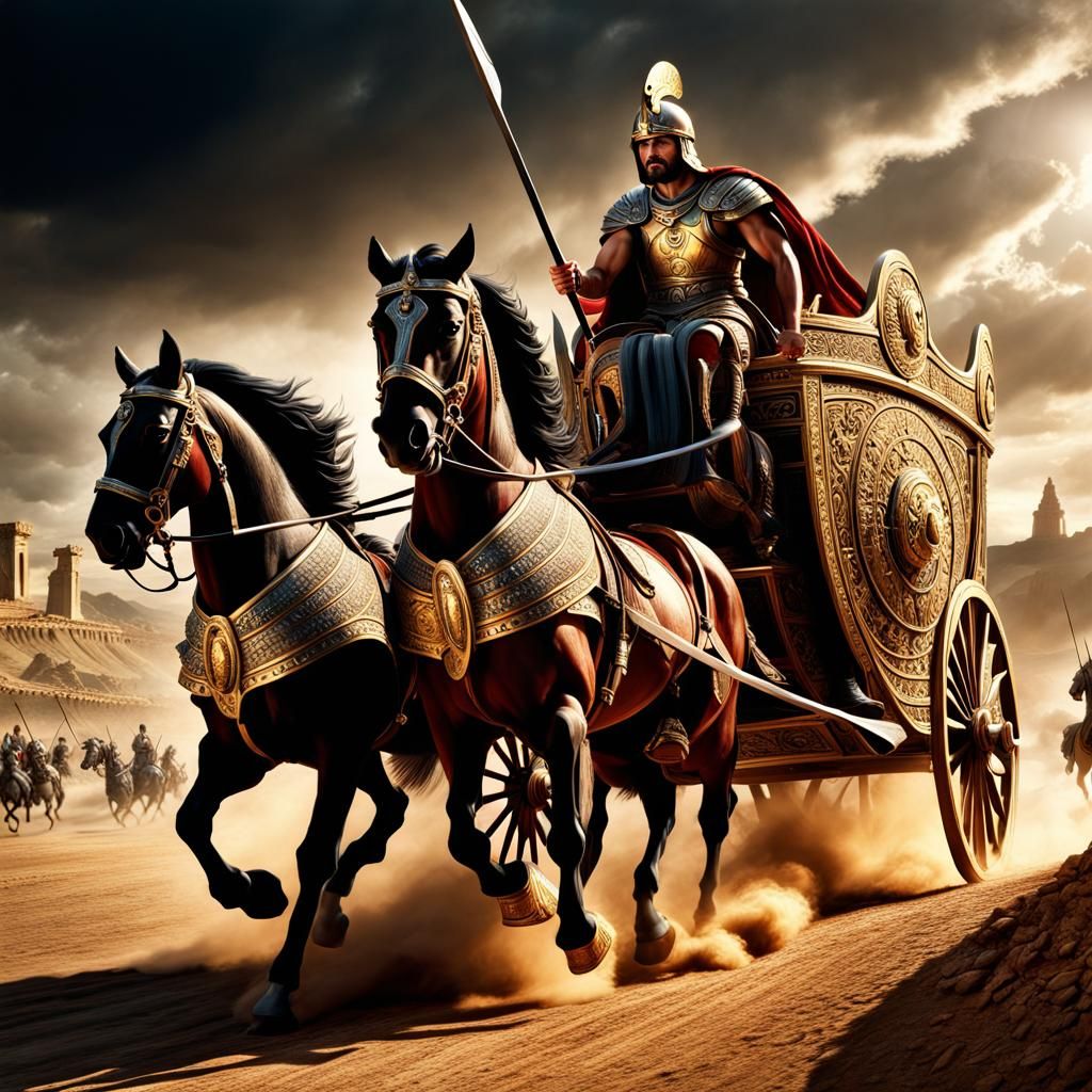 Heroic Hector riding chariot into battle