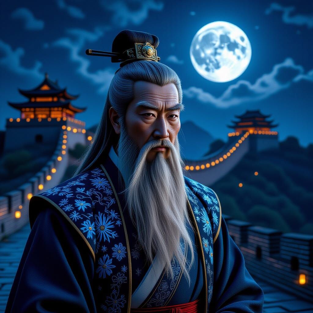 Ancient Chinese Sage by Moonlight on Great Wall