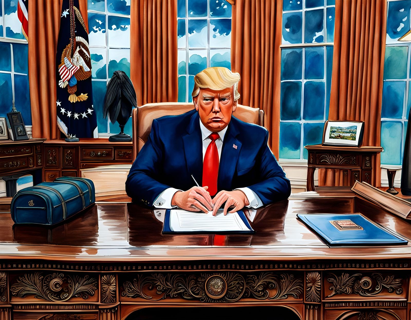 Donald Trump at the Resolute Desk, Watercolor