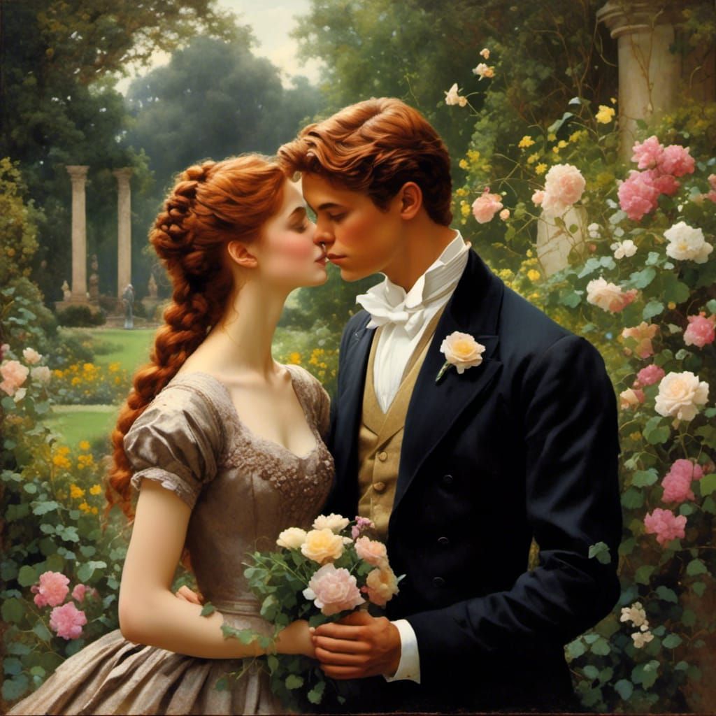 Romantic Garden Kiss in Oil Painting Style