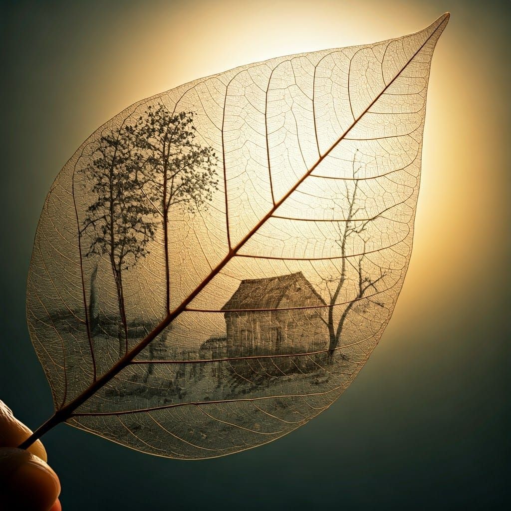 Calligraphic House on Leaf in Botanical Art Style