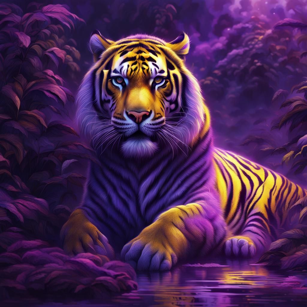 Dramatic Purple and Yellow Tiger Digital Painting