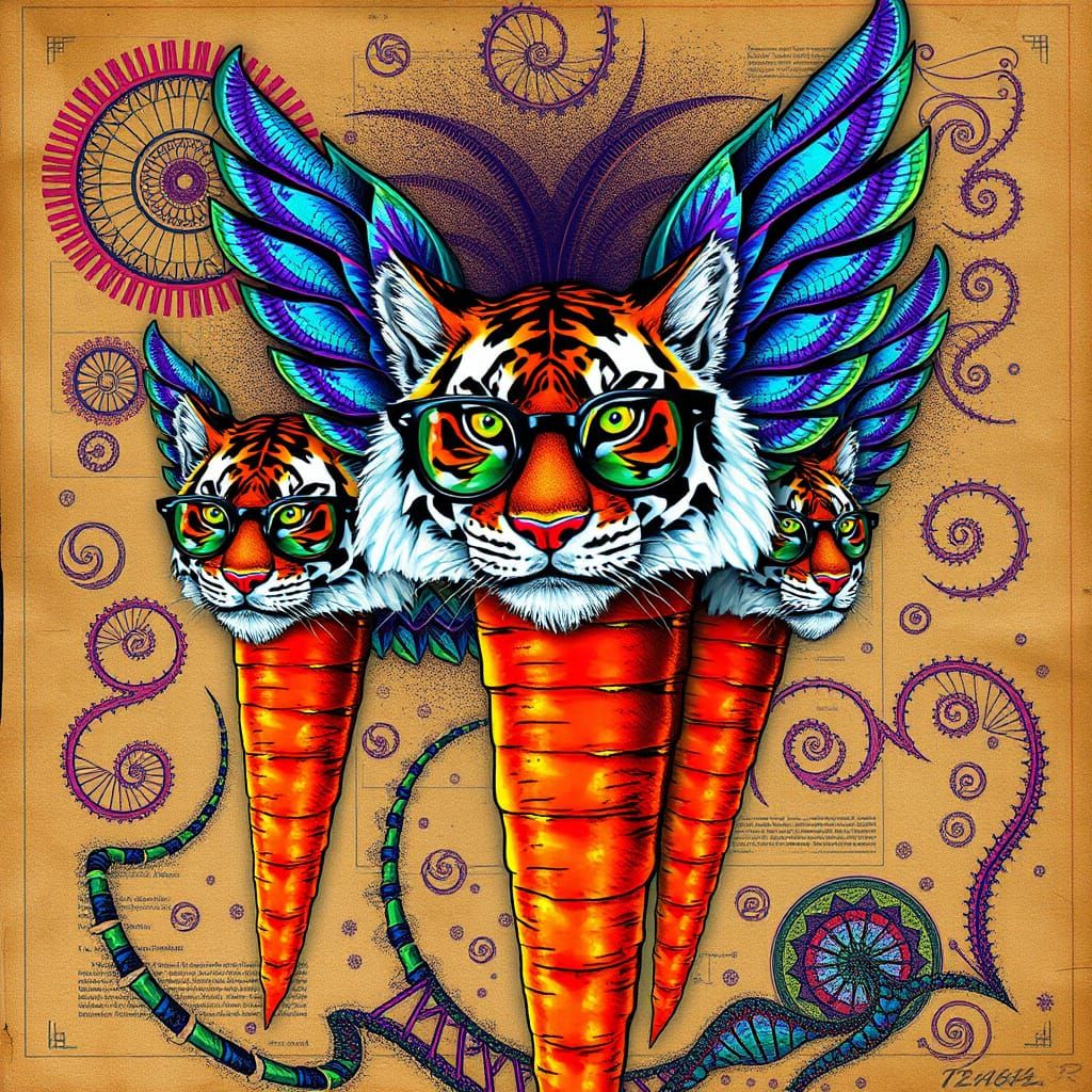 Winged Tiger Carrots in Psychedelic Op-Art Style