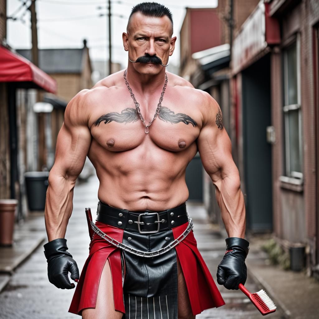 Muscular Man in Red Kilt with Chains