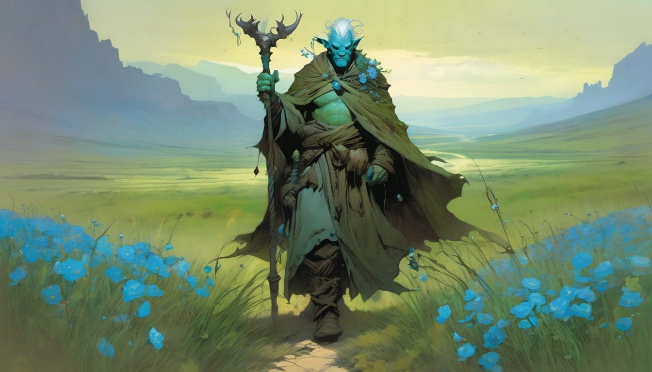 Weathered Wanderer Amidst Blooming Steppes