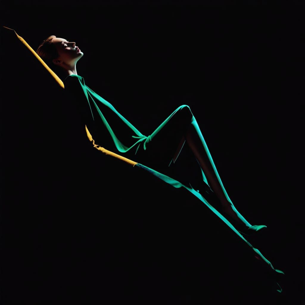 High-Fashion Model with Purple Textures in White Studio