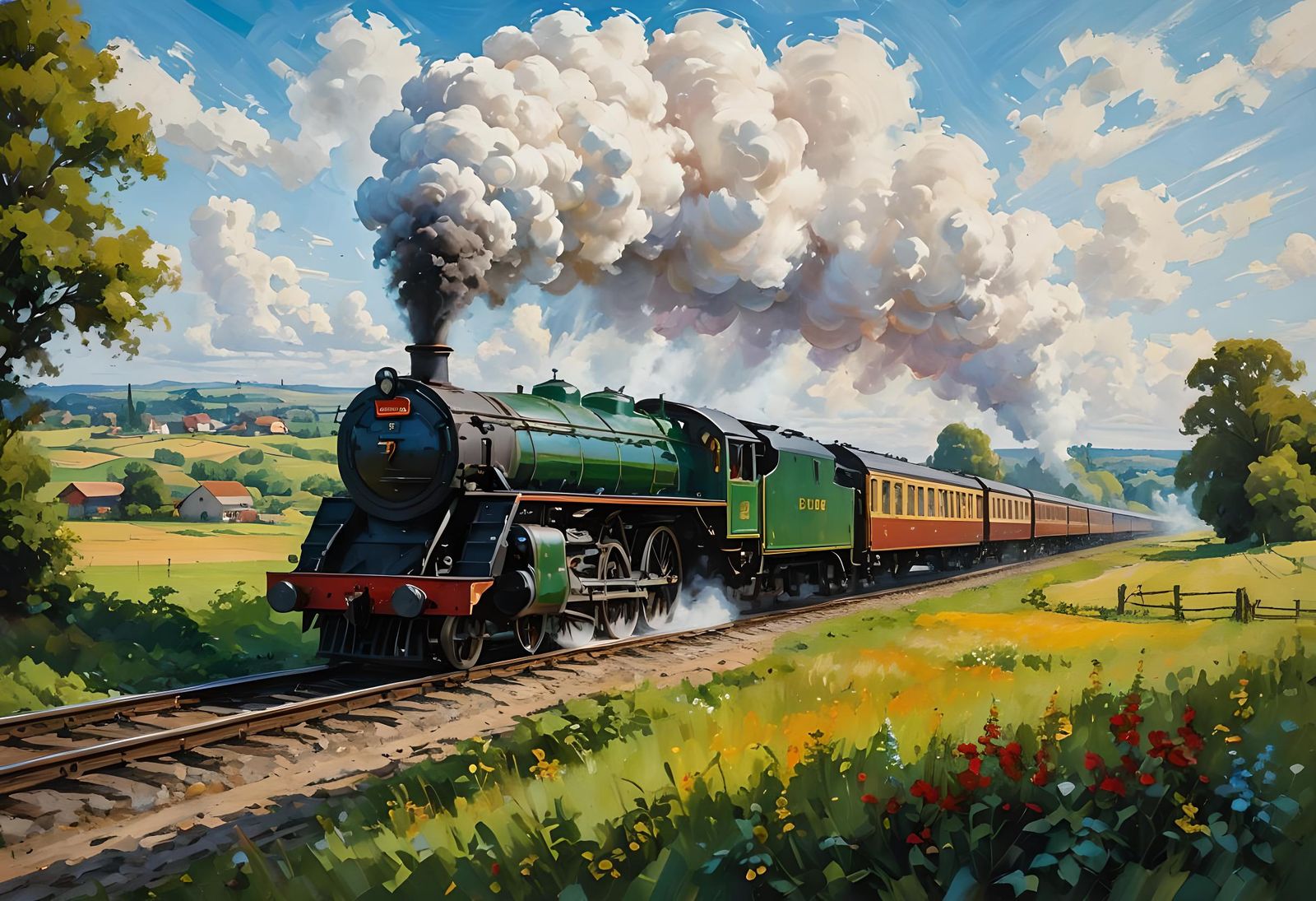 Steam Train Journey in Impressionist Style