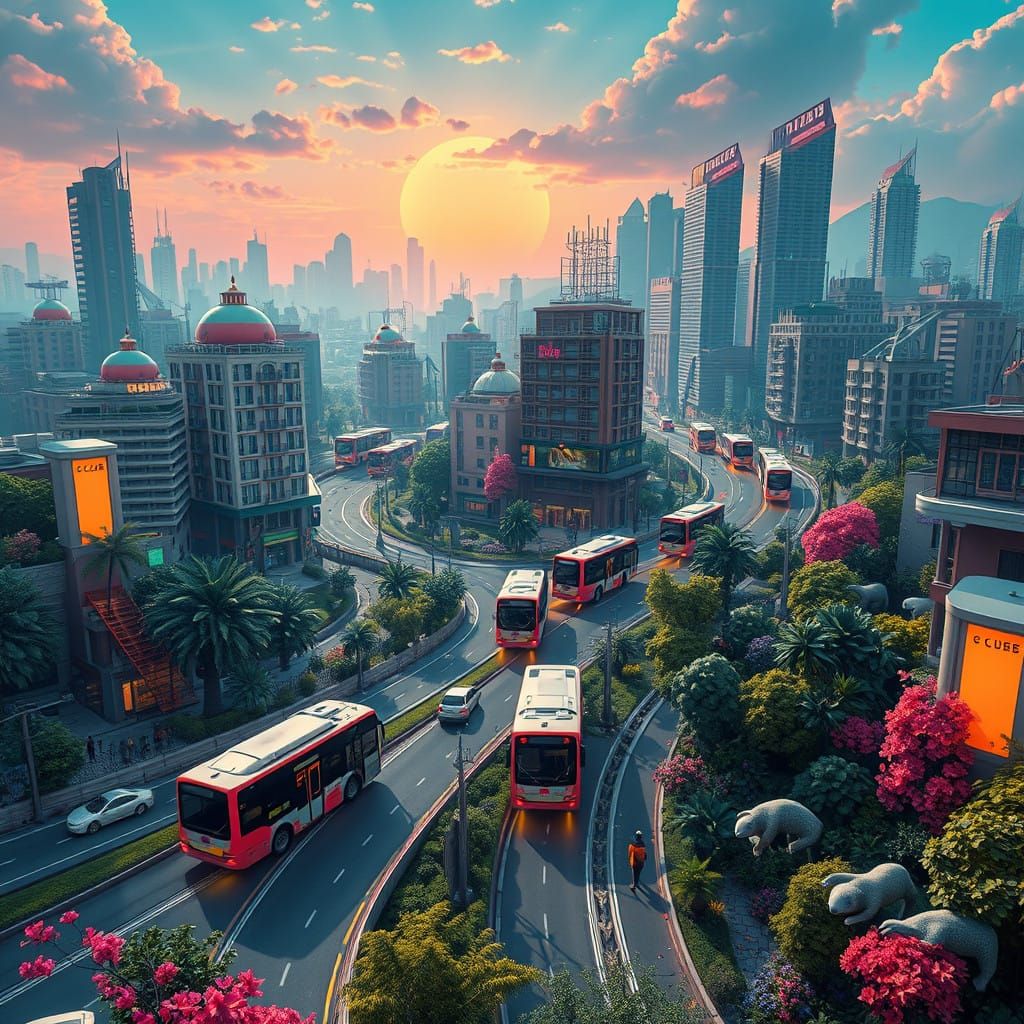 Solarpunk Cityscape in Vibrant Colors, Electric Buses, and S...