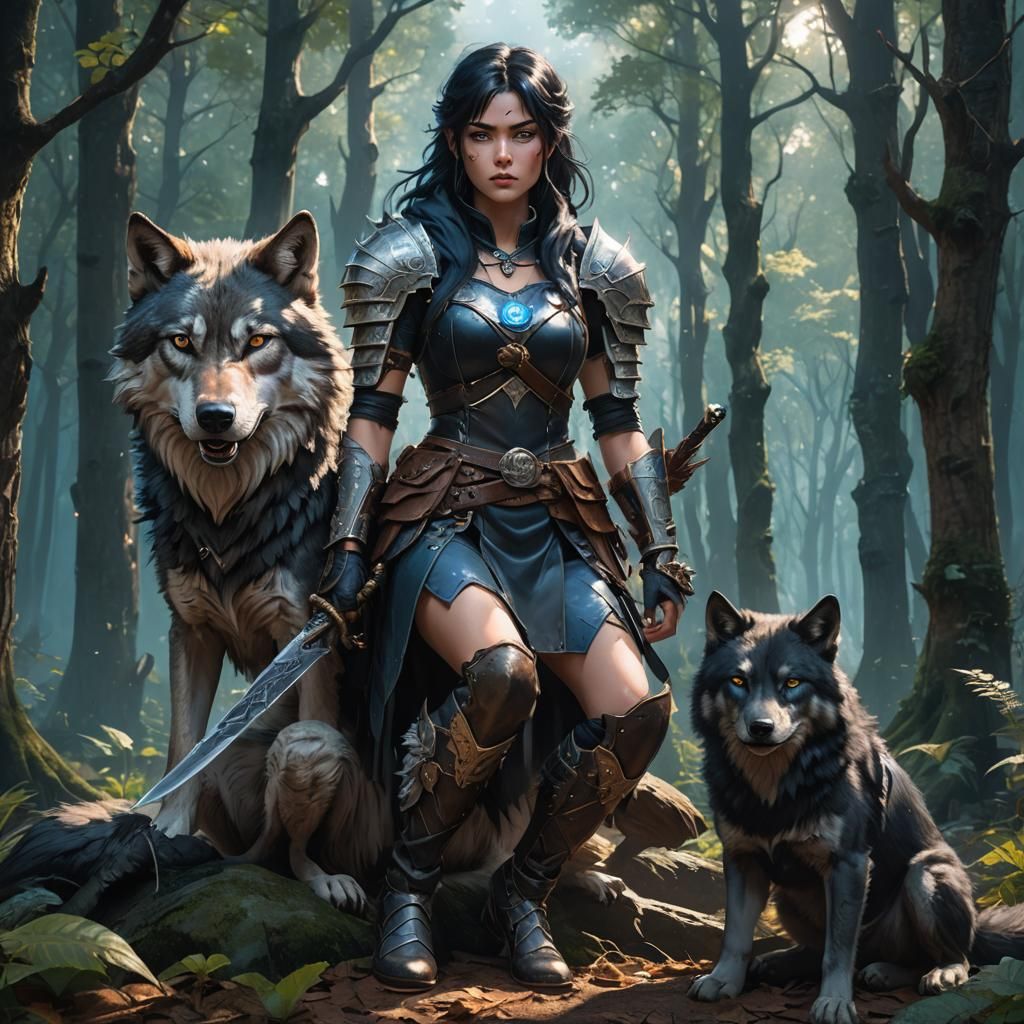 Girl and Armored Wolf in Moonlit Forest