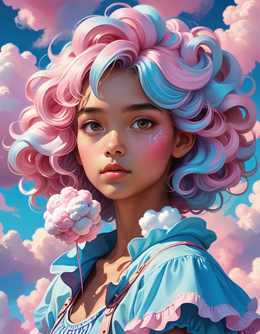 Cotton Candy Cloud Girl Portrait in Art Nouveau Style