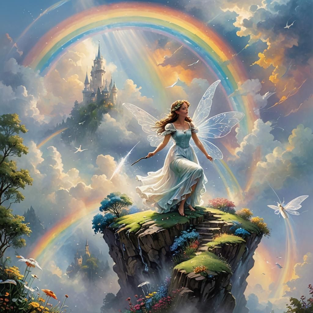 Fairy Creates Rainbow with Watercolour Splash Effect