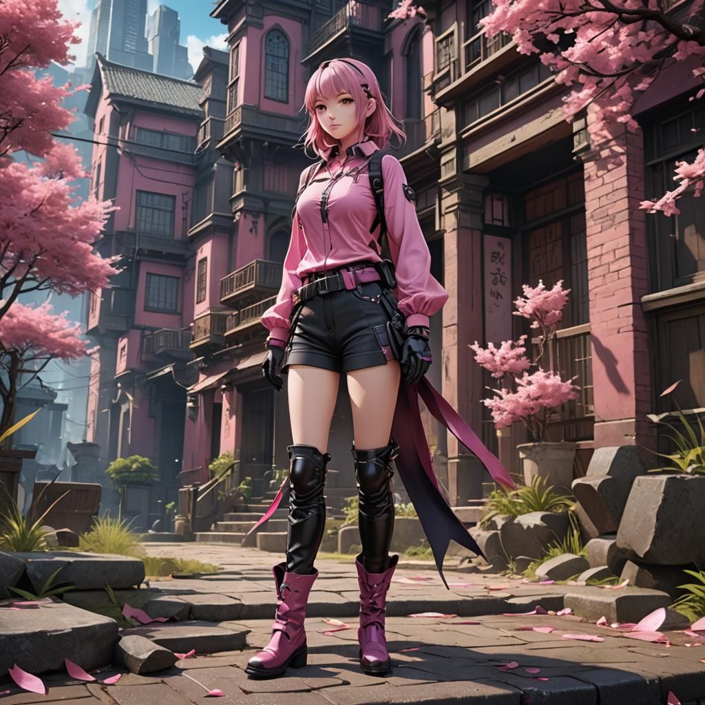 Anime Girl in Pink Shirt: Detailed Fantasy Art