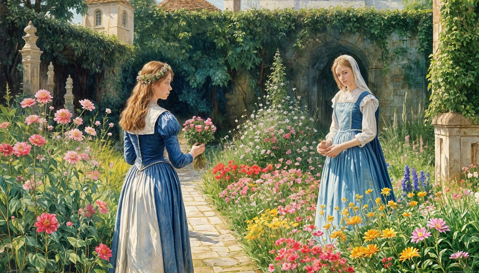 Medieval Maiden in Garden as Gouache Painting