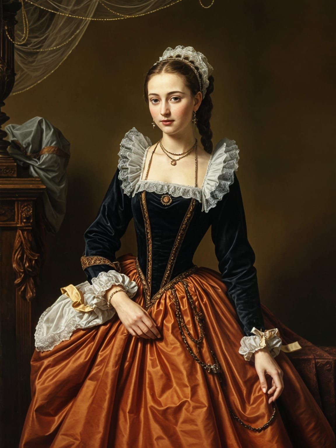 Elegant Ladies in 1600s Evening Attire as Oil Paintings