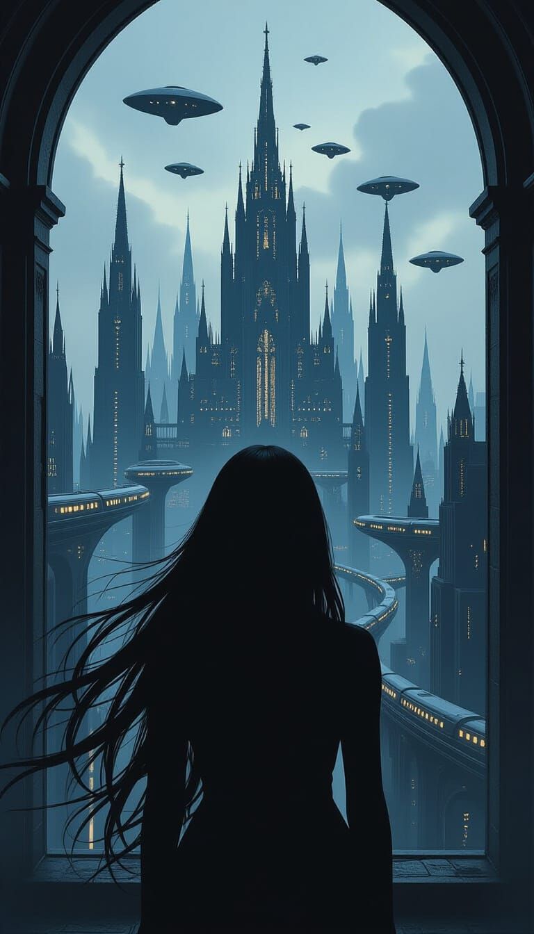 Futuristic Cityscape Through Gothic Window in Dark Fantasy S...