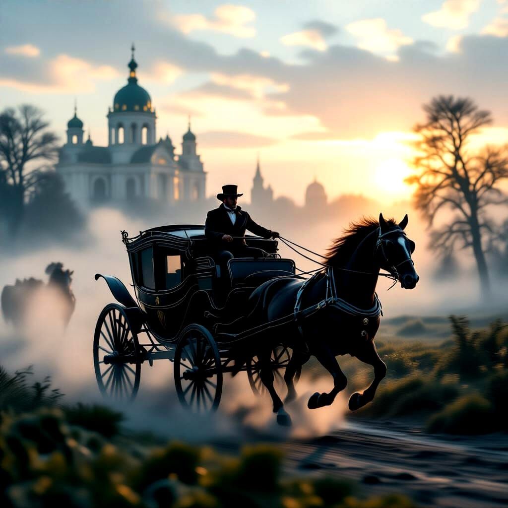 Vintage Carriage Galloping Through Misty Dawn Landscape