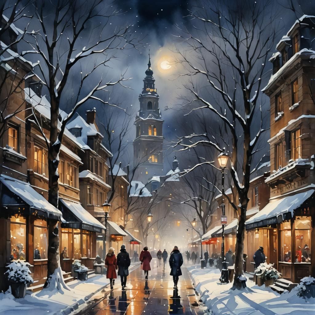 Winterscape Night in Watercolor Illustration Style