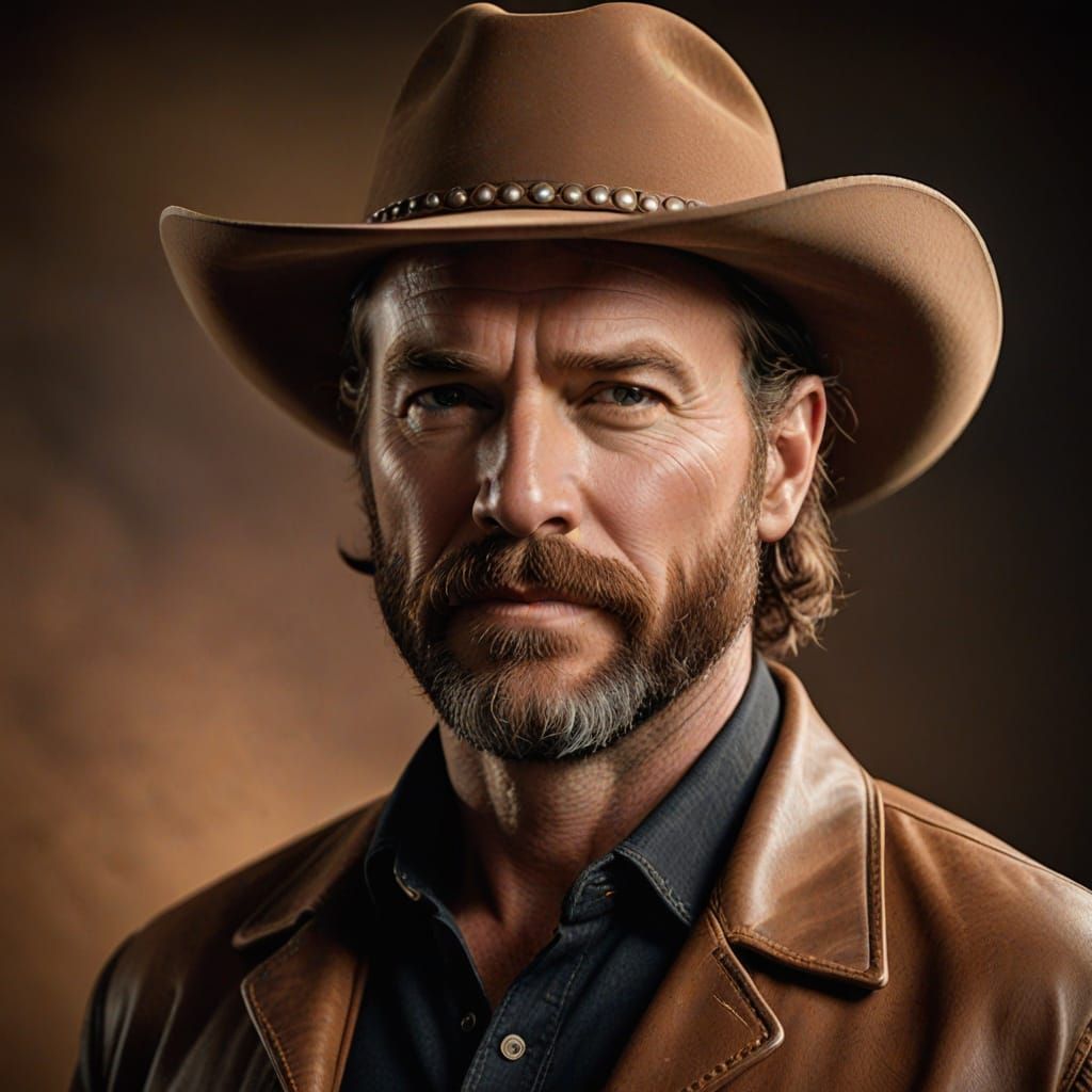 Classic Western Gentleman Wears Authentic Leather Cowboy Hat