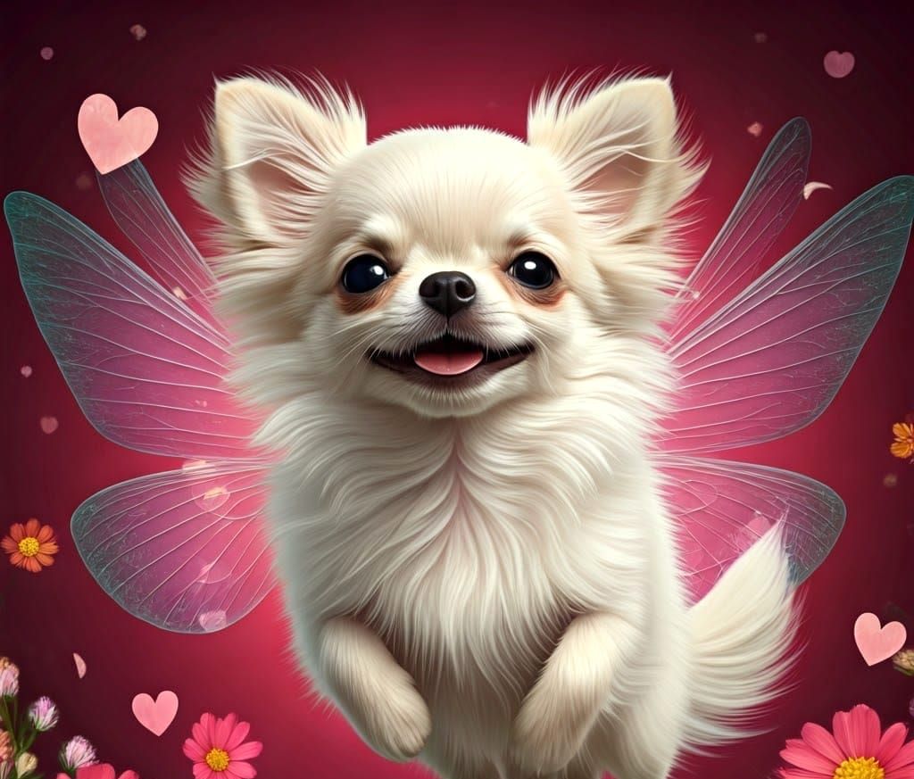 Fluffy Chihuahua with Fairy Wings Soars Among Multicolored F...