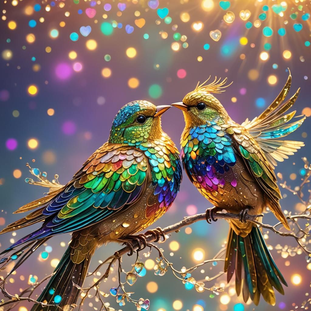 Rainbow Birds in Heart Bokeh with Filigree