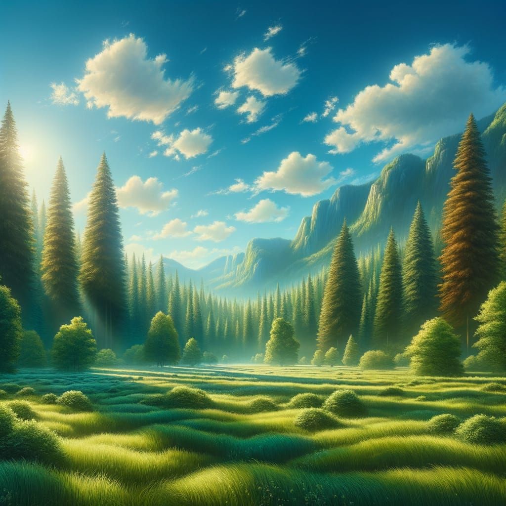 Serene Midday Landscape with Majestic Trees and Mountains