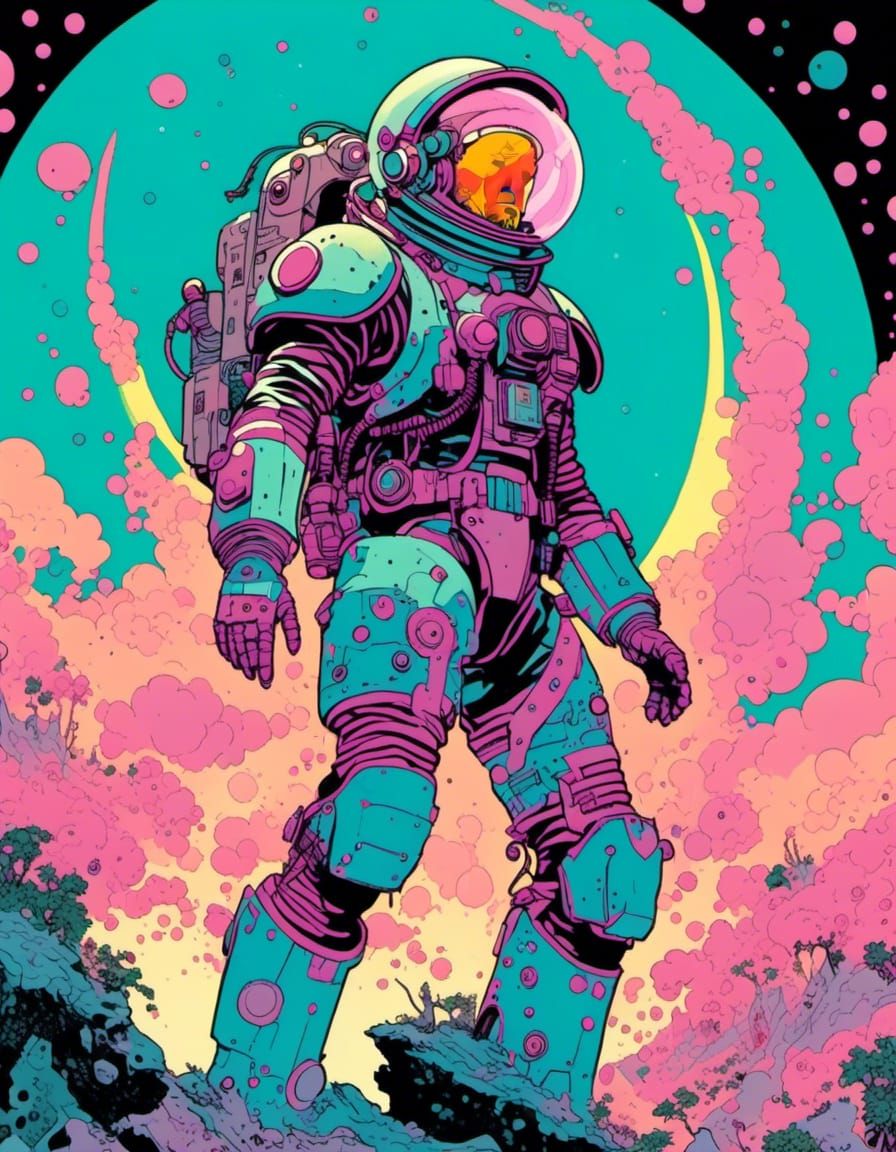 Futuristic Space Explorer on Bioluminescent Planet