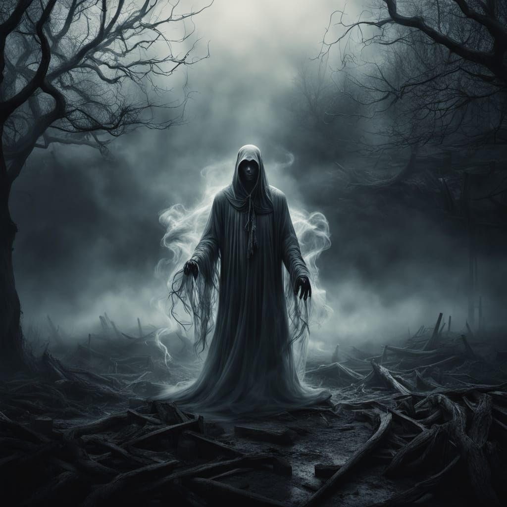 Surreal Ghost Emerges from the Fog in Hyperrealistic Digital...