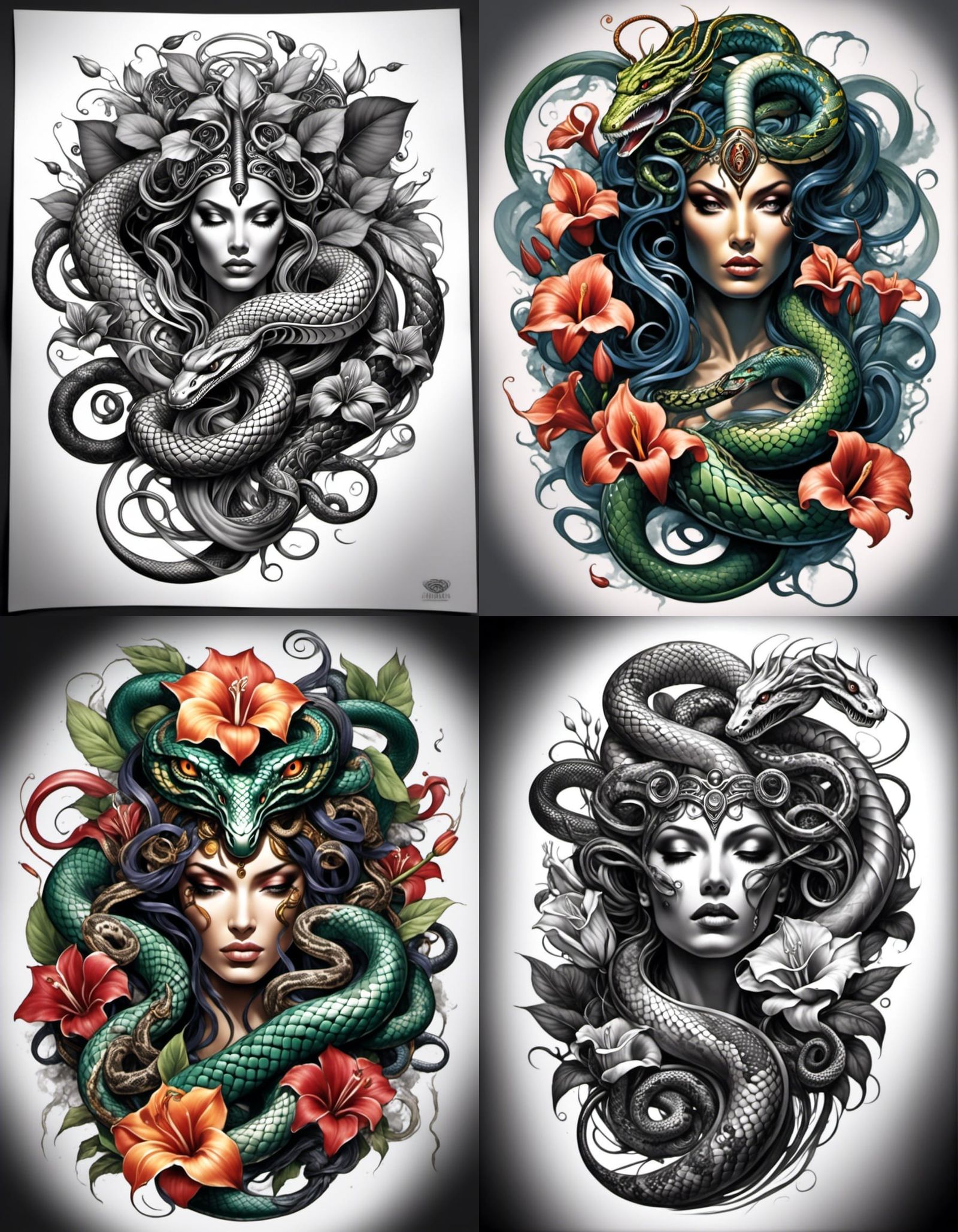 Medusa Tattoo Design with Snakes and Lillies