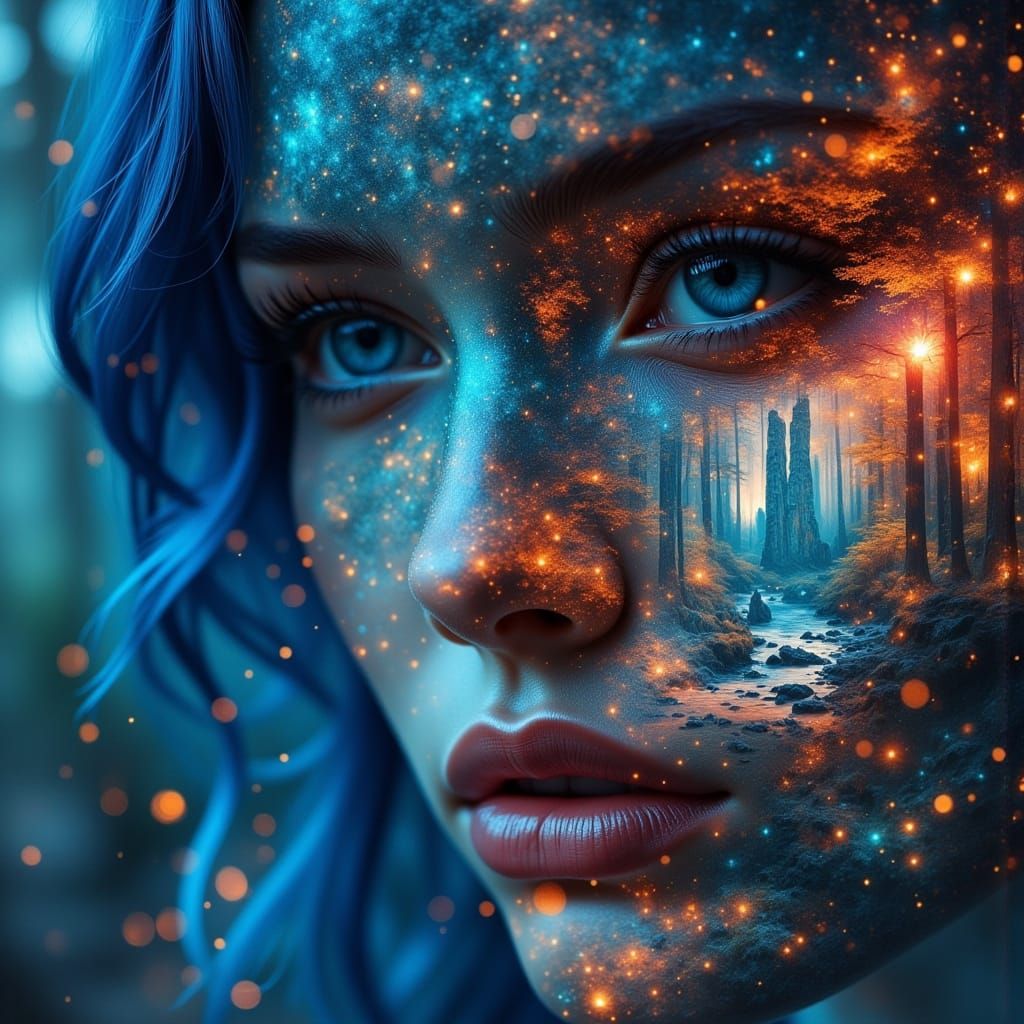 Surreal Double Exposure Portrait in Neon Noir