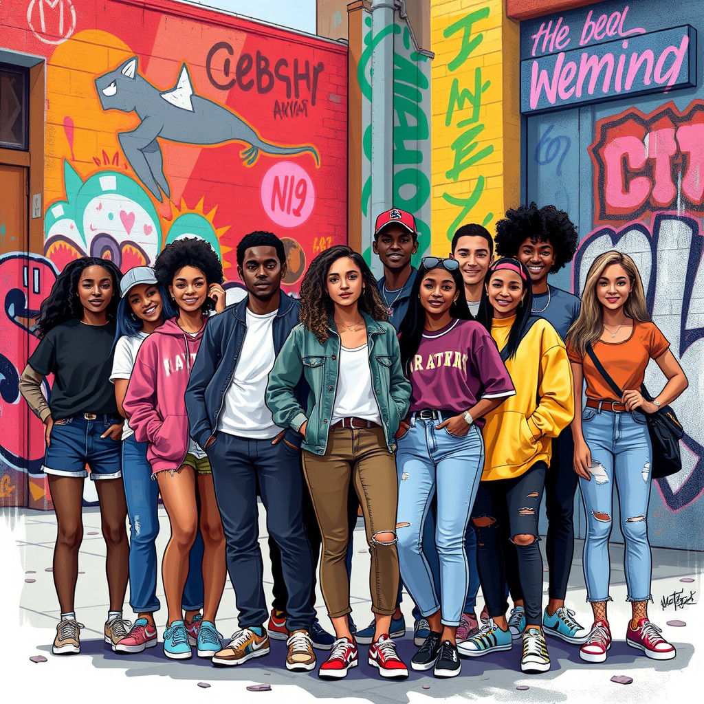 Diverse Group in Urban Setting, Illustrative Style