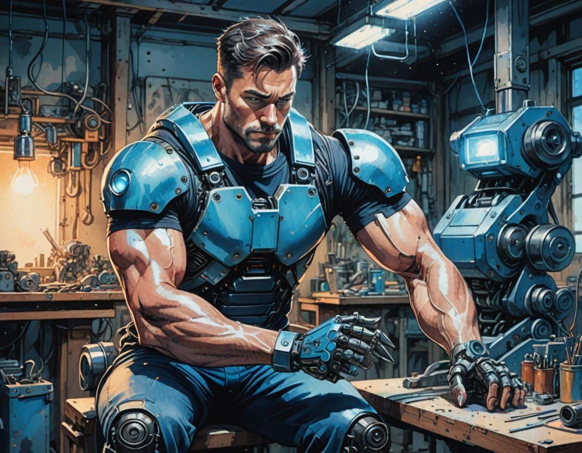 Robotic Arm Repair in Vintage Manga Style