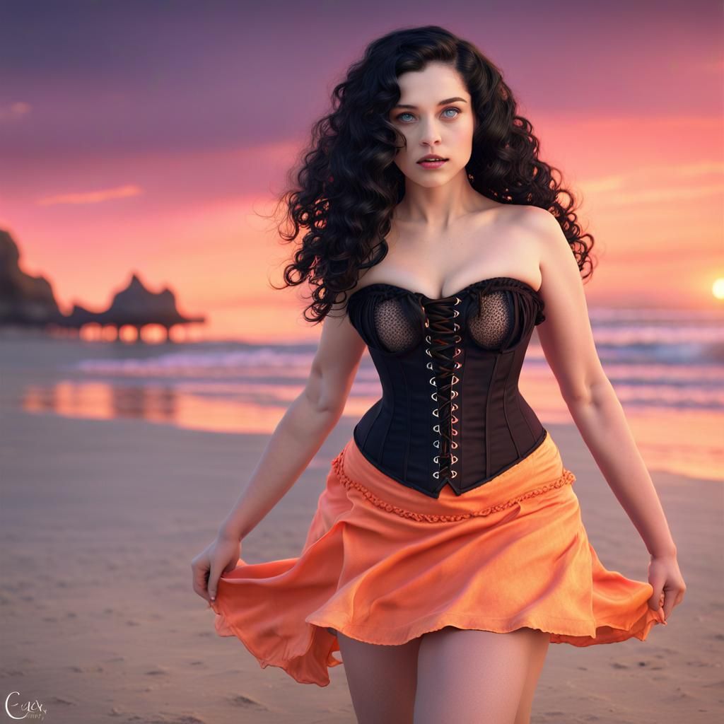 Summer Witch on Beach at Sunset: Fantasy Art