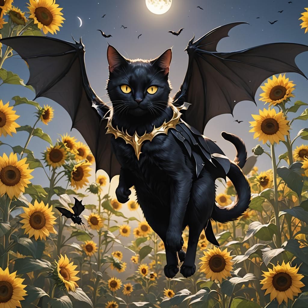 Black Cat with Bat Wings in Anime Style