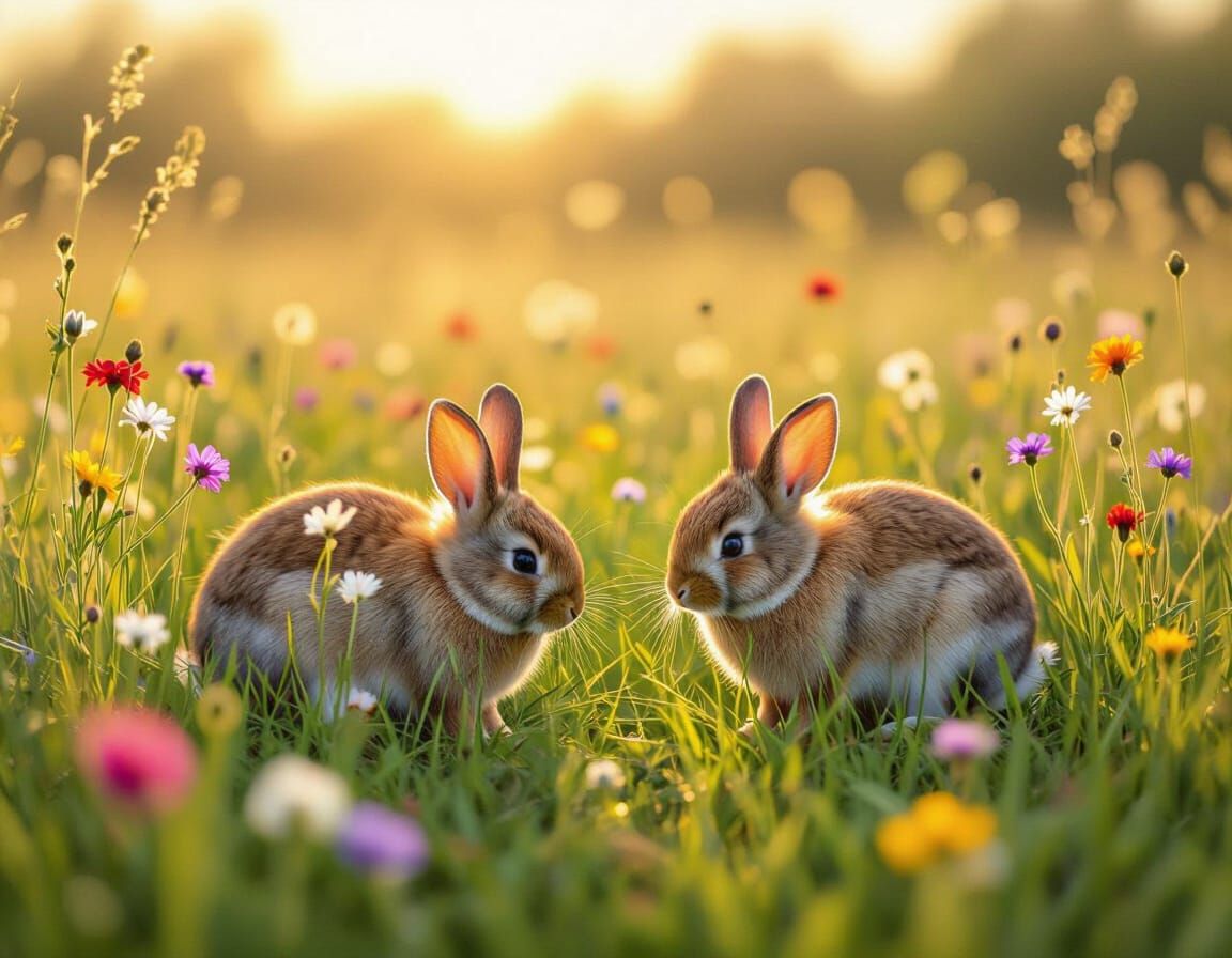Fluffy Rabbits Foraging in Sun-Dappled Meadow