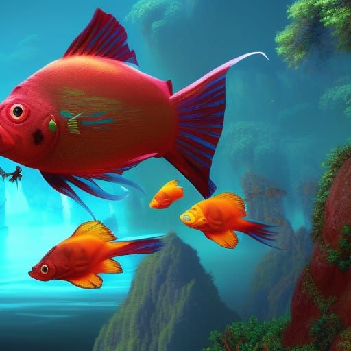 Fantastical Colorful Fish Fly in Detailed Digital Painting