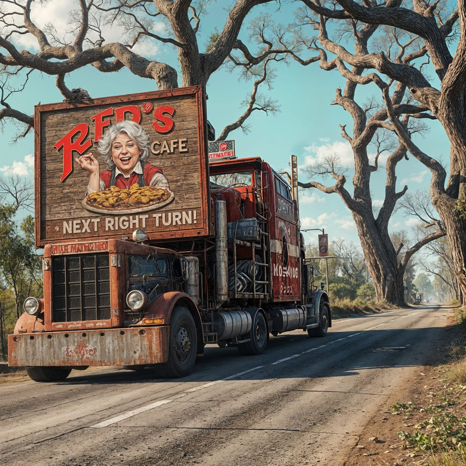 Truck Drives Past Whimsical Billboard in Fantastical Landsca...