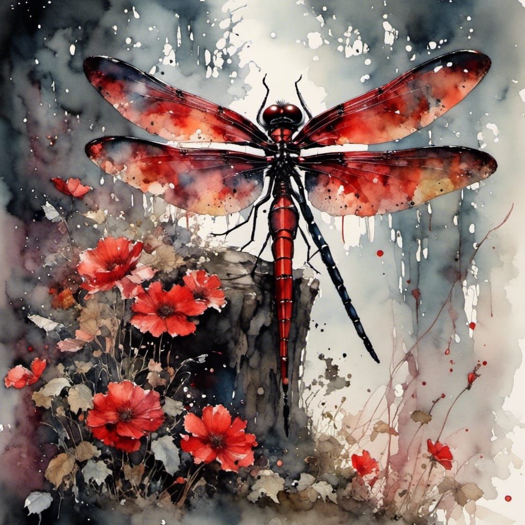 Detailed Watercolor Dragonfly in Dark Forest
