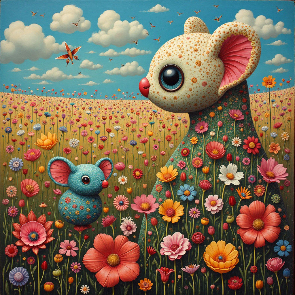 Pop-Surrealist Floral Field in Triad Colors