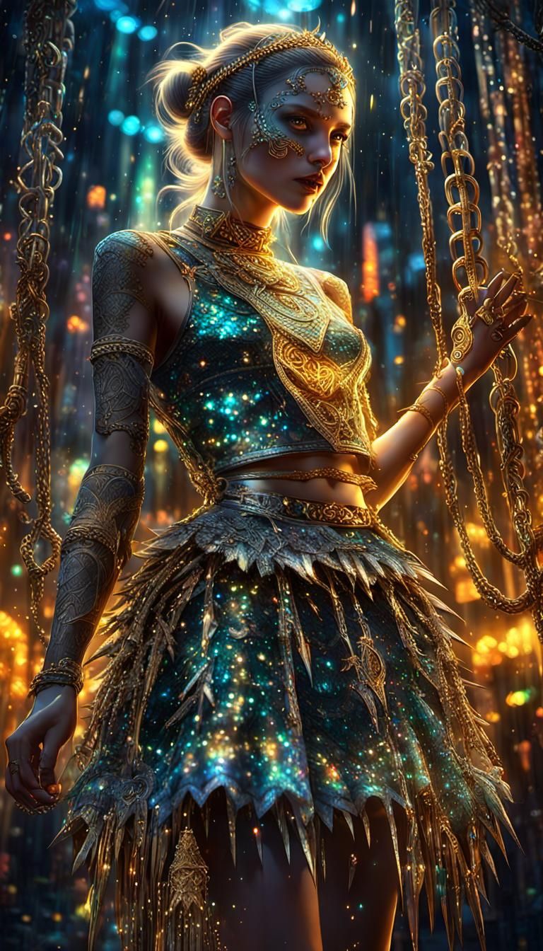 a magical ash glittered glowing spikes and chains in a holographic glass in a nightmare background with a fantasy world...