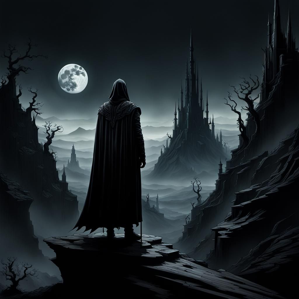 Dark Fantasy Figure on Desolate Moonlit Landscape