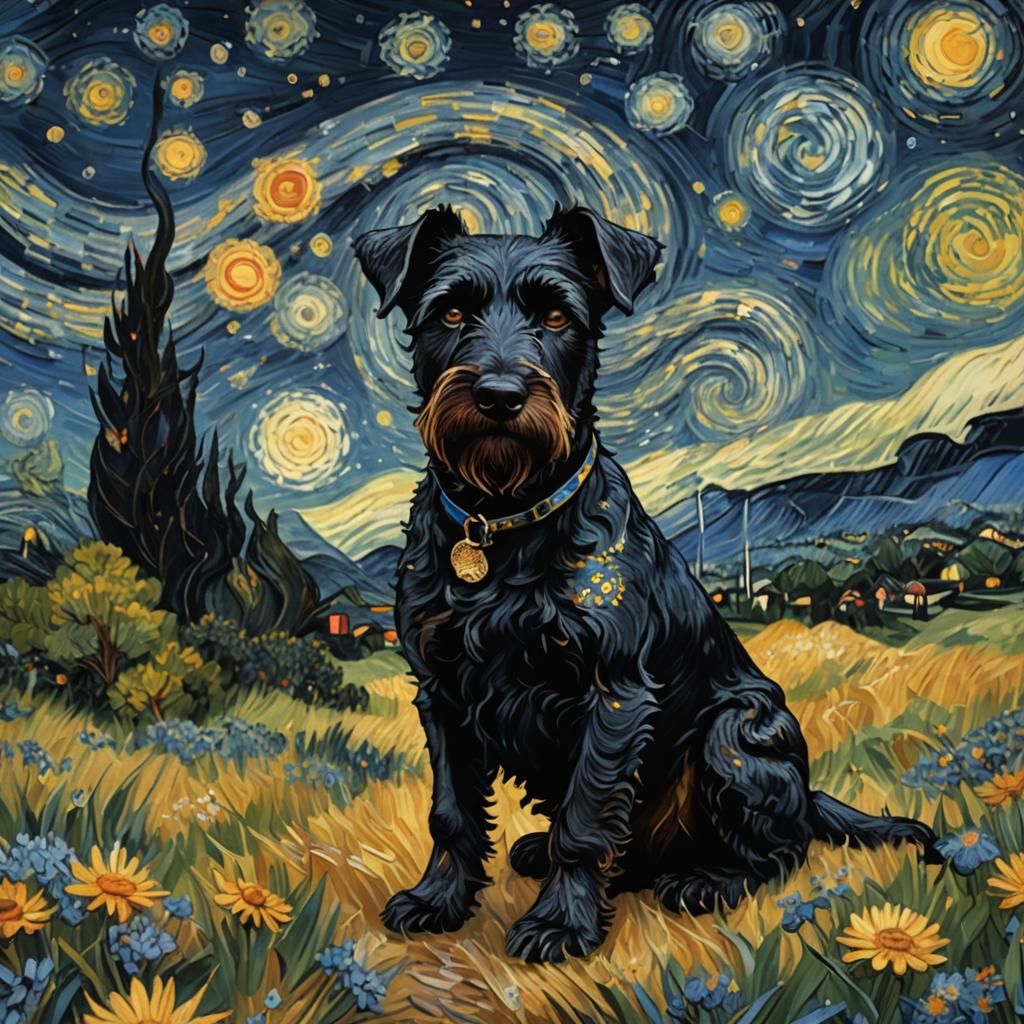 Black Terrier in Van Gogh Starry Night Style