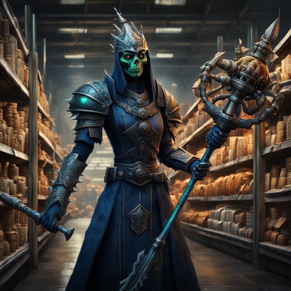 Evil Warrior with Mace in Supermarket, Detailed Digital Art