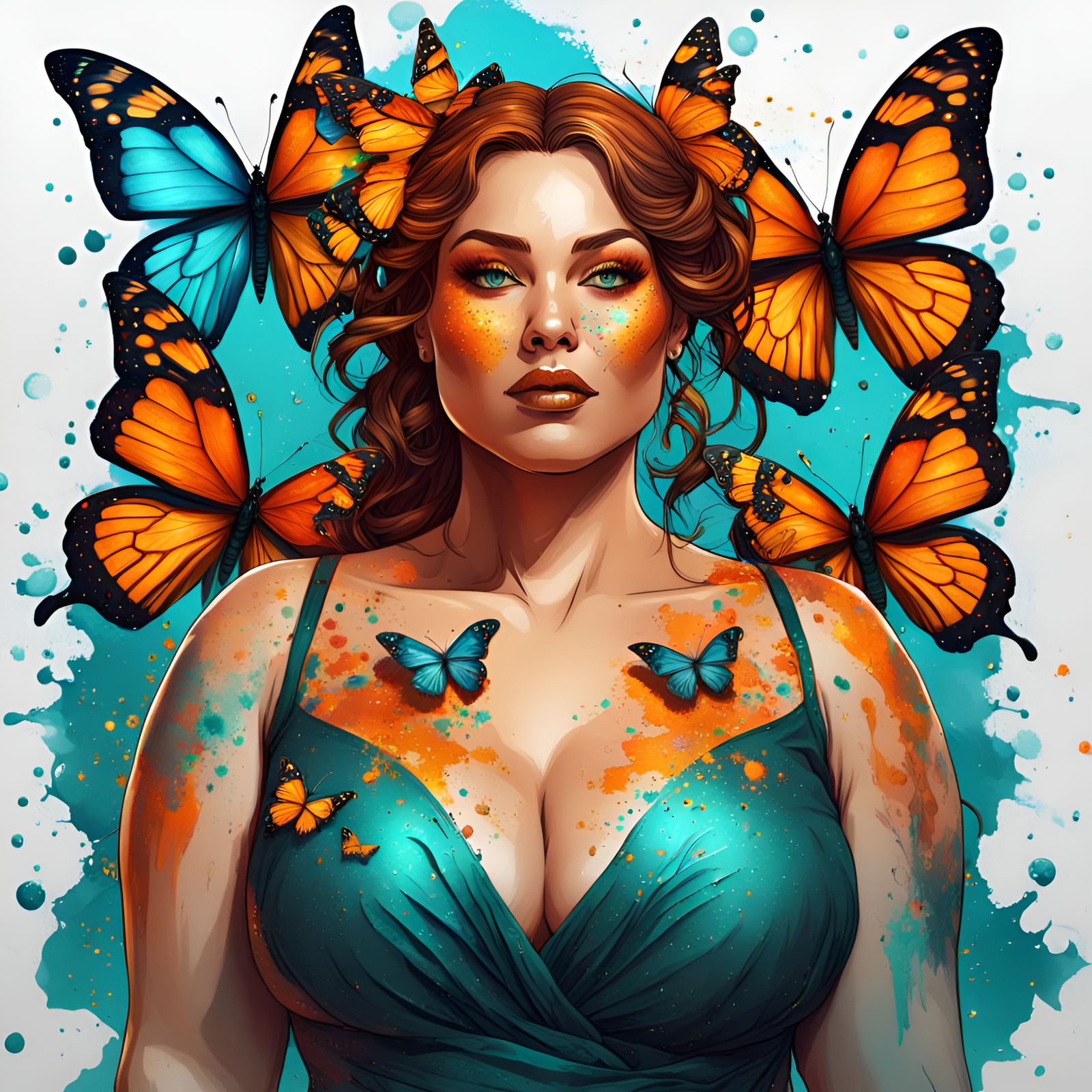 Detailed Ink Splatter Portrait of Woman with Butterflies