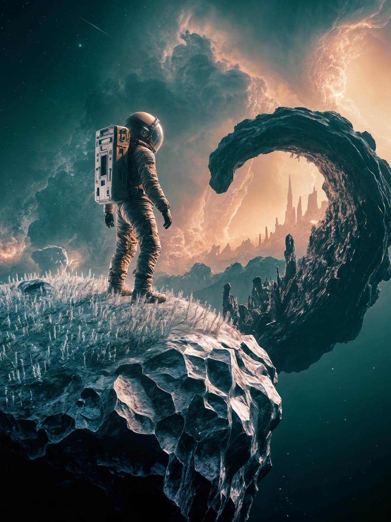 Astronaut Gazes at Nebula from Crystalline Asteroid