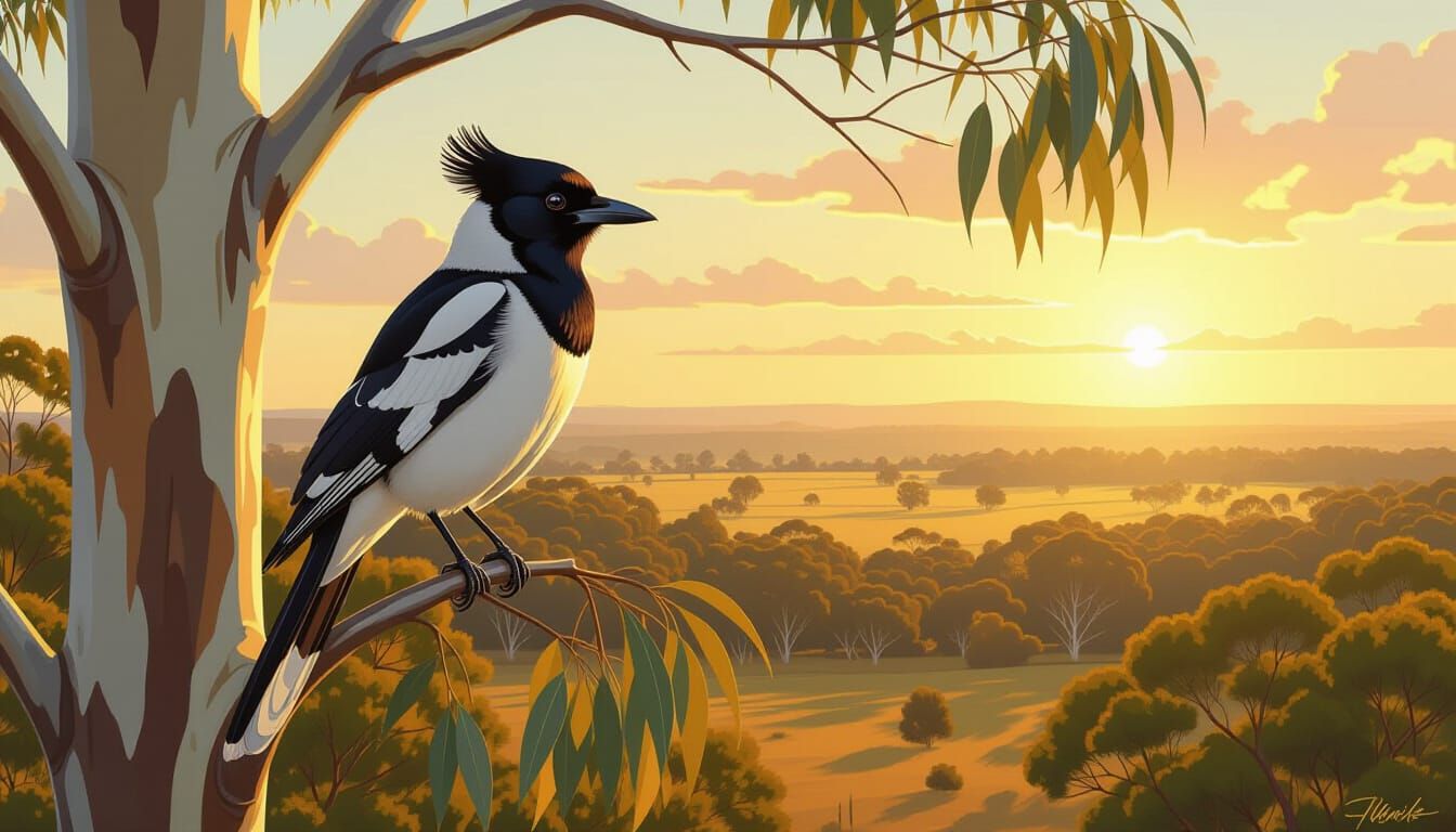 Australian Magpie Sings at Golden Hour in Gum Tree Digital P...