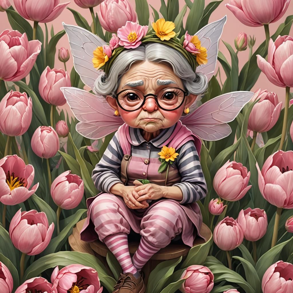 Grumpy Fairy in Tulip, Digital Fantasy Illustration