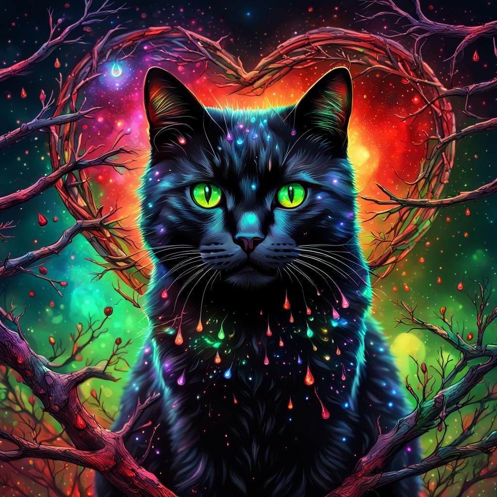 Sad Cat with Rainbow Sparks in Astral Illustration